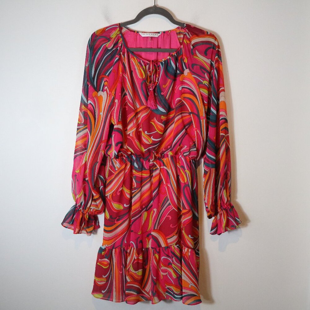 Trina Turk Viti Dress Geometric Radio City Rose Womens Medium 70s Chiffon Retro